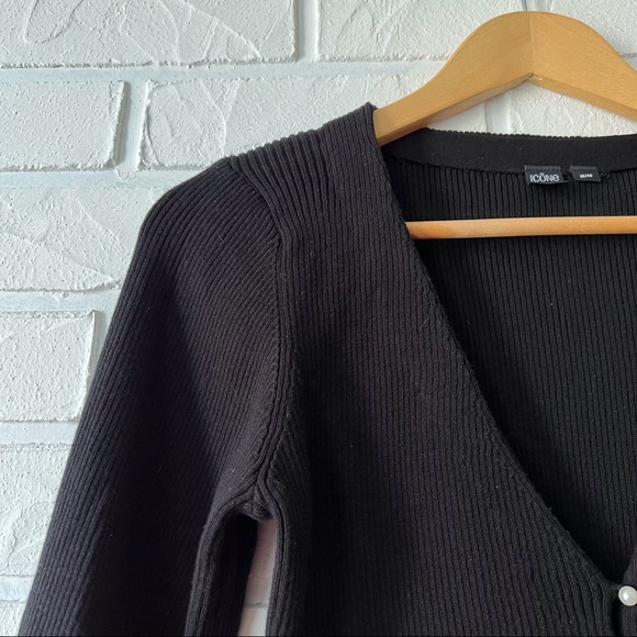 Icōne Simons organic cotton pearl button black stretchy cardigan sweater M - Picture 6 of 13